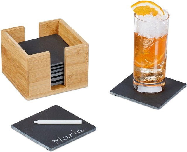 Relaxdays Schiefer-Untersetzer Anthrazit im 8er Set mit Bambus-Box, beschreibbar und rutschfest, B/T/H: 10 x 10 x 0,7 cm - Bild 1