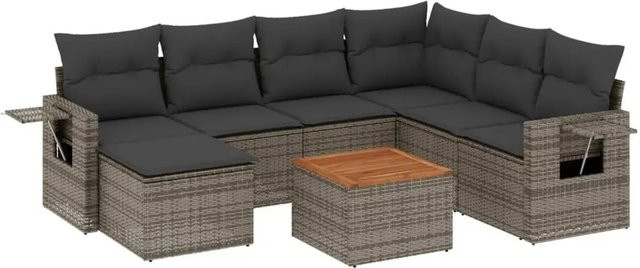 vidaXL 8-tlg Garten-Sofagarnitur in L-Form aus Poly-Rattan und Akazienholz mit Kissen in Grau - Bild 1