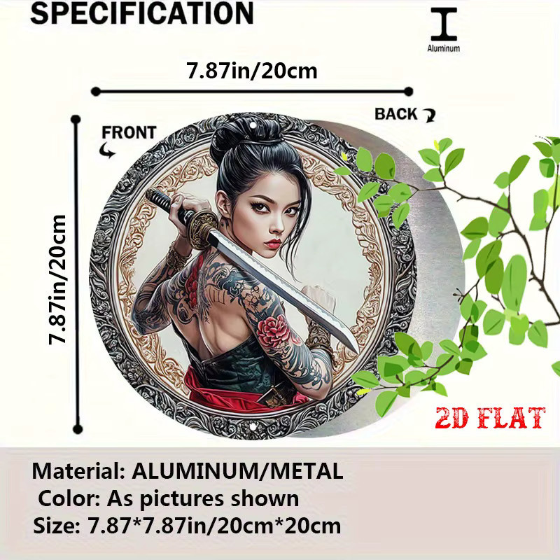 Potdemiel Rundes Aluminiumschild Kriegerin mit Schwert Metallwandkunst im Boho-Stil Durchmesser: 19,99 cm - Bild 2