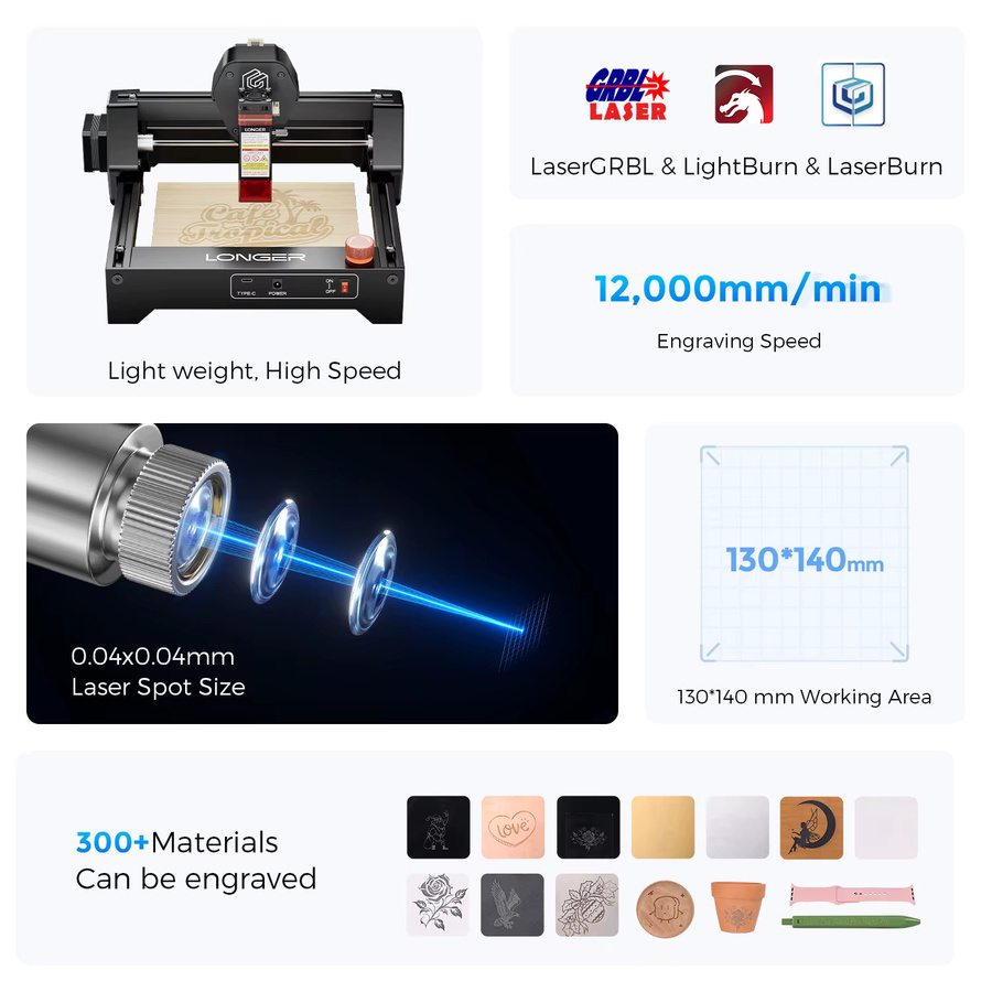 LONGER RAY5 Mini Lasergraviergerät mit Touchscreen und 0,04mm Laserpunkt als Gravur- und Schneidemaschine, Arbeitsbereich B: 13,0 cm, T: 14,0 cm - Bild 3