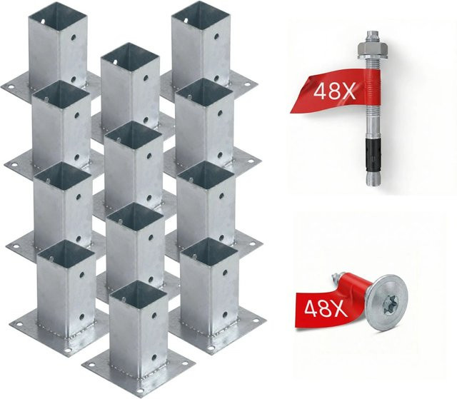 HOLLMAX Pfostenträger Komplettset aus verzinktem Stahl in Silber für Vierkantpfosten, 12 Stück, 71 mm - Bild 1