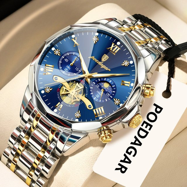 POEDAGAR Armbanduhr Chronograph, Quarz, Edelstahl, Blau, Herren - Bild 1