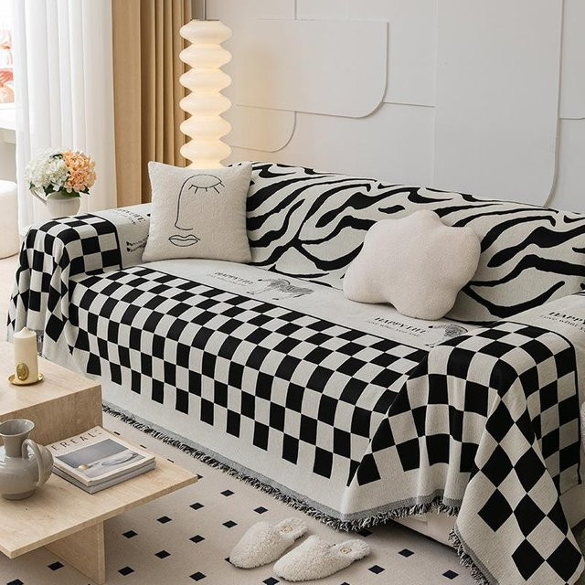 Super Six Sofabezug aus Chenille im Schwarz-Weiß-Schachbrettmuster, Einteiliges Universaltuch für dein Sofa, B: 180 cm, T: 130 cm, Grau - Bild 1