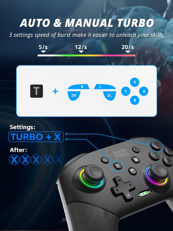 DATA FROG Kabelloser Game-Controller für Nintendo Switch, Lite und OLED sowie PC, Dual-Vibration und Turbo-Funktion, Schwarz - Bild 3
