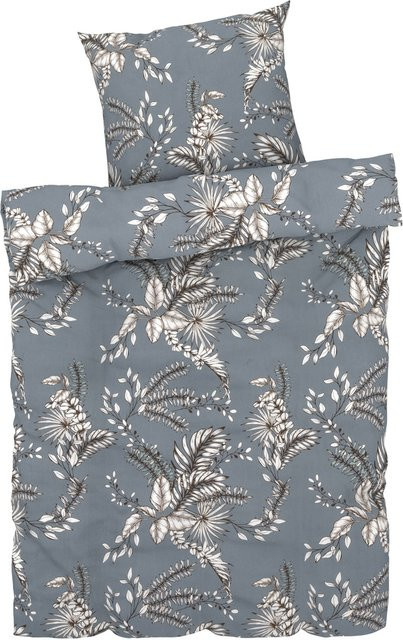 LIVARNO HOME Renforcé-Bettwäsche mit Blumenmuster in Grau, Bettbezug 155 x 220 cm und Kissenbezug 80 x 80 cm - Bild 1