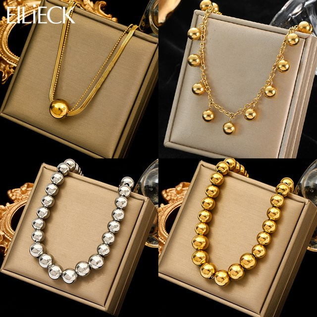 Eilieck Halskette, 316l Edelstahl, Gold Farbe, Kugel Perlen, Damen - Bild 1