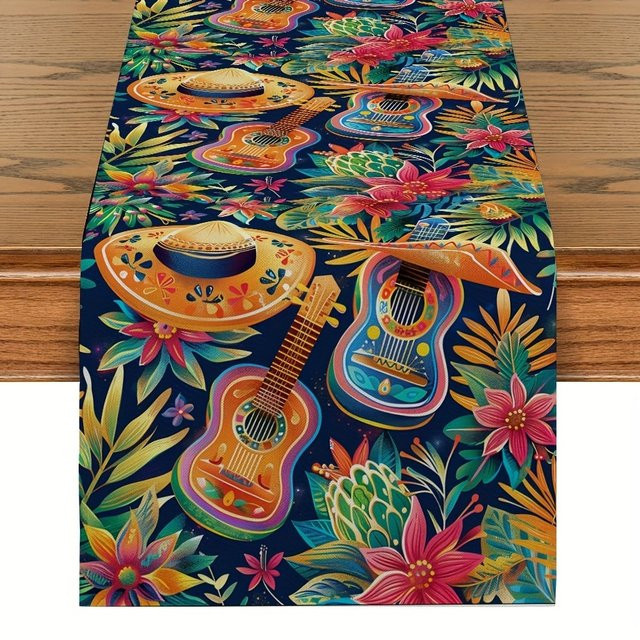 VIKAMA Tischläufer im mexikanischen Ethno-Stil mit floralem Muster aus Leinen, Mehrfarbig, B/T/H: 90 x 33 x 33 cm - Bild 1