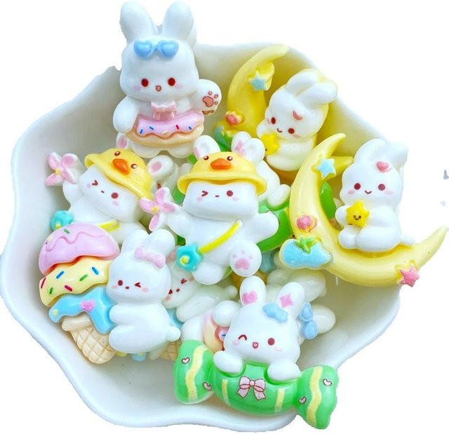 10 Stück TSXJY Cartoon Süßigkeiten Eiscreme Hasen Figuren aus Kunstharz in Multicolour als flache Rückseitenteile für Haarschleifen und Verzierungen - Bild 1