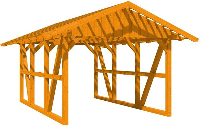 Skan Holz Carport Schwarzwald mit Satteldach und Dachlattung aus Fichtenholz in Eiche Hell, Breite: 424 cm, Tiefe: 600 cm - Bild 1