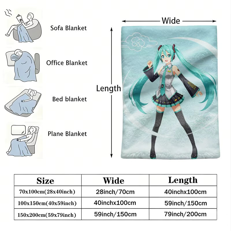 Hatsune Miku Flanell-Decke in Hellblau, weiche Fleece-Decke für Anime-Fans, B/B/H: 150 x 100 x 1 cm - Bild 2