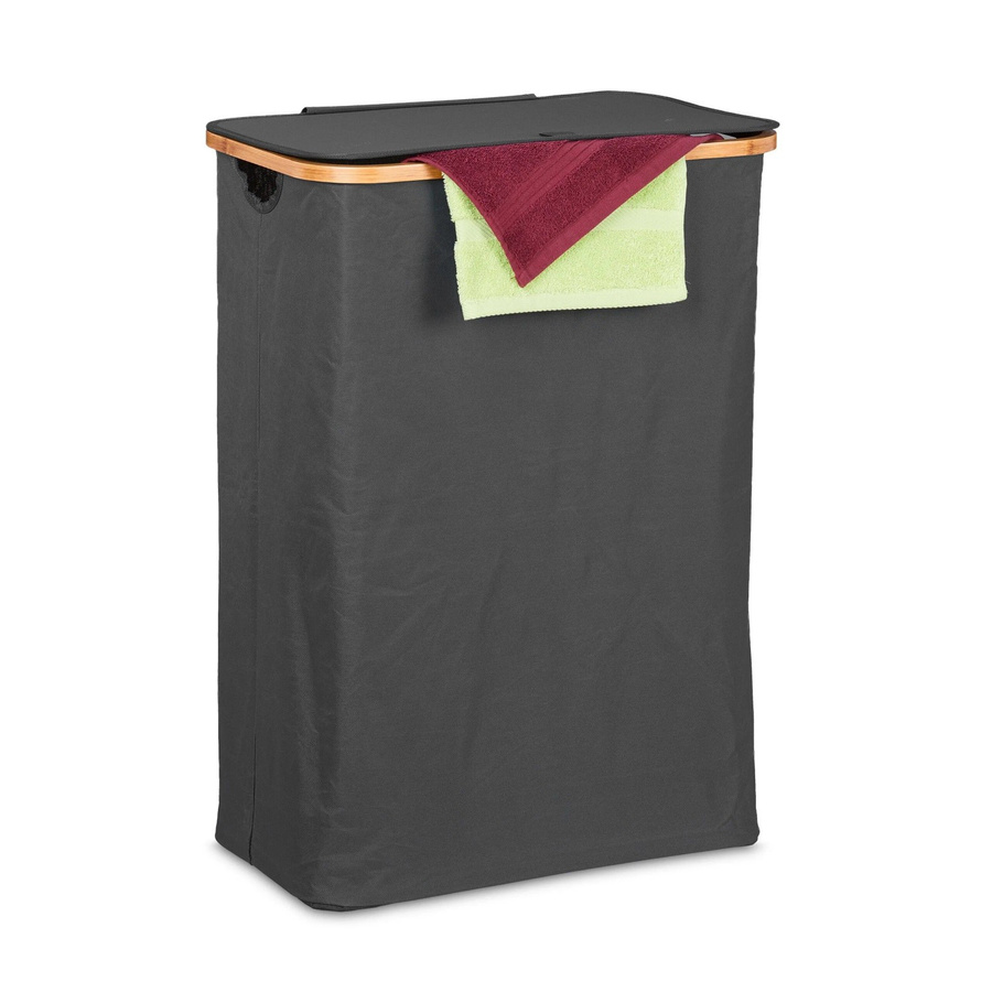 Faltbarer Wäschekorb von Relaxdays aus Bambus und Polyester in Schwarz und Natur mit Deckel, B/T/H: 75 x 54 x 34 cm - Bild 2