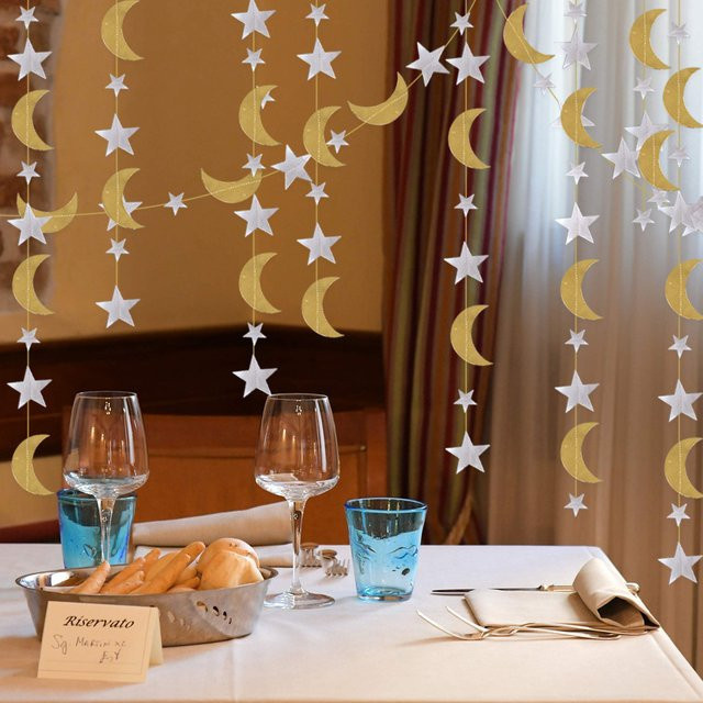 Cyuan Girlande mit Sternen und Mond in Gold und Silber, 4 m hängende Luftschlangen aus Papier für Geburtstag und Dekoration - Bild 1