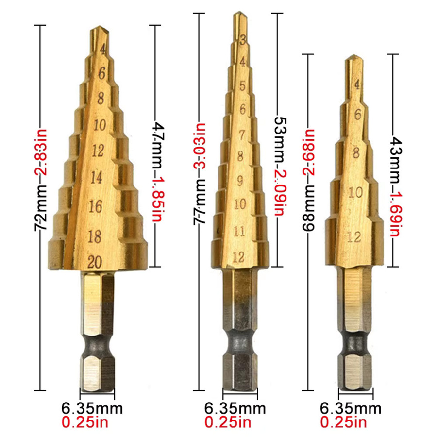 Dreiteiliges Titan-Leiterbohrer-Set mit sechseckigem Griff in Gold und Blau, Größen: 3-12 mm, 4-12 mm und 4-20 mm - Bild 2