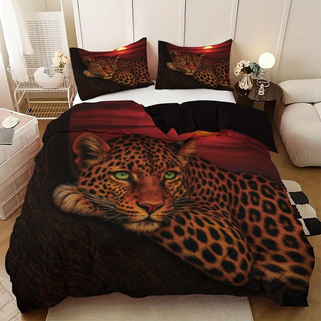Binchi Fitness 3-teiliges Bettwäscheset mit Leopardenmuster und Sonnenuntergangsdruck in Schwarz und Multicolour, Material Mikrofaser Polyester, B/H: 135 x 200 cm - Bild 1