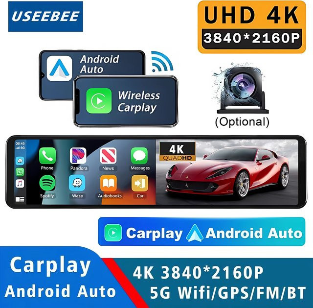 USEEBEE 4K Dashcam mit 11,26 Zoll Display, Dual-Objektiv, Carplay und Android Auto, WLAN, GPS, Bluetooth, FM-Transmitter, Videorekorder und Streaming-Spiegel in Schwarz - Bild 1