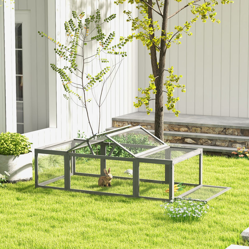 Aosom PawHut Hasenstall aus Tannenholz in Grau, wetterfester Kaninchenstall für Outdoor mit aufklappbarem Dach, B/T/H: 180 x 90 x 48 cm - Bild 2