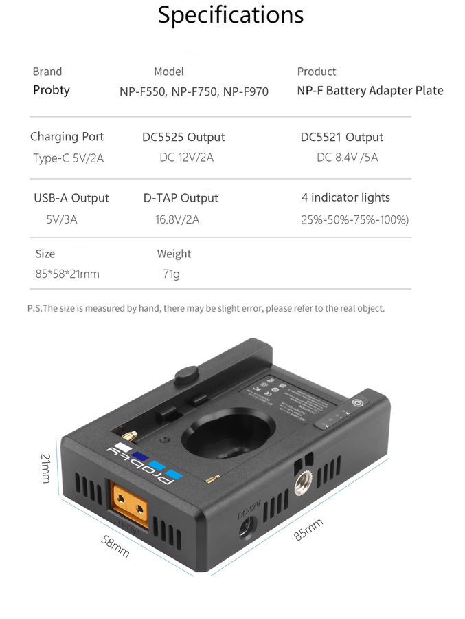 Probty NP-F Batterieladegerät mit Batterieadapterplatte und Kaltschuhadapter sowie 1/4 Zoll Anschluss für NP-F550 F750 F970 und BMPCC 4K 6K DSLR in Schwarz - Bild 4