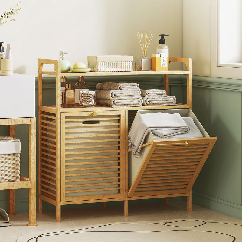 HOMCOM Badezimmerschrank aus Bambus in Braun mit 2 herausnehmbaren Wäschekörben und 2 Ablagefächern, B/T/H: 82 x 33 x 88 cm - Bild 2