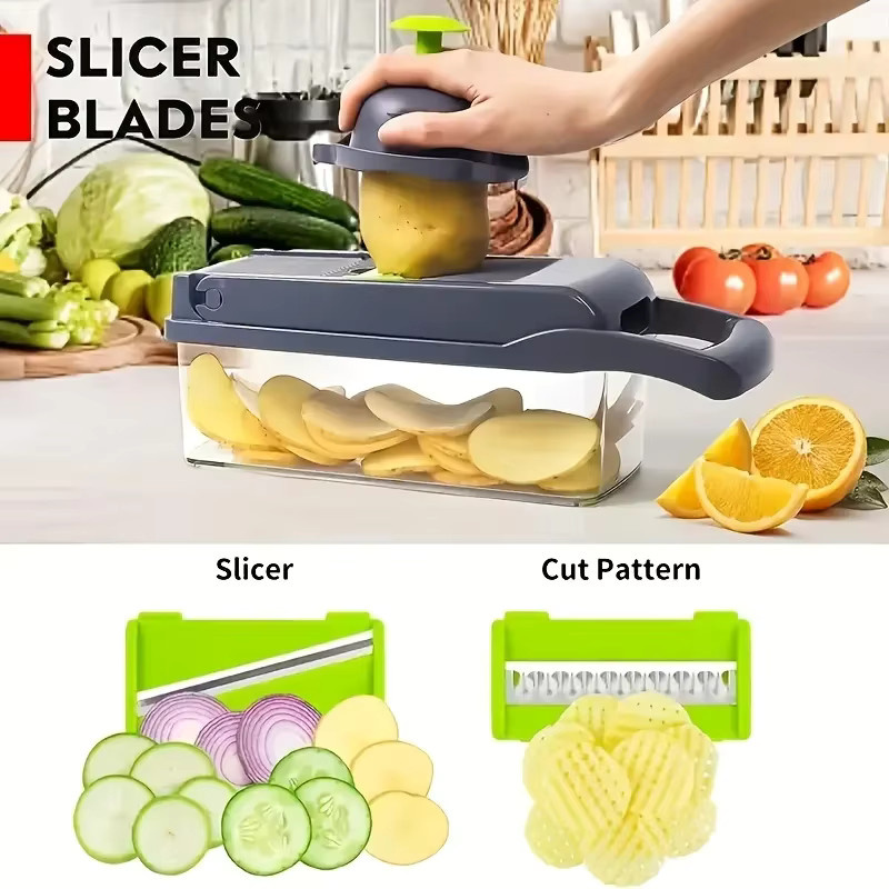 Multifunktionaler 14/16 in 1 Gemüsehacker und Zwiebelzerkleinerer von KEMORELA in Grau mit Mandoline und praktischem Griff zur Würfelformung für deine Küche - Bild 3