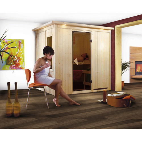 Karibu Sauna Kircholm für 3 Personen aus Fichtenholz in Beige, B/T/H: 202 x 165 x 210 cm - Bild 2