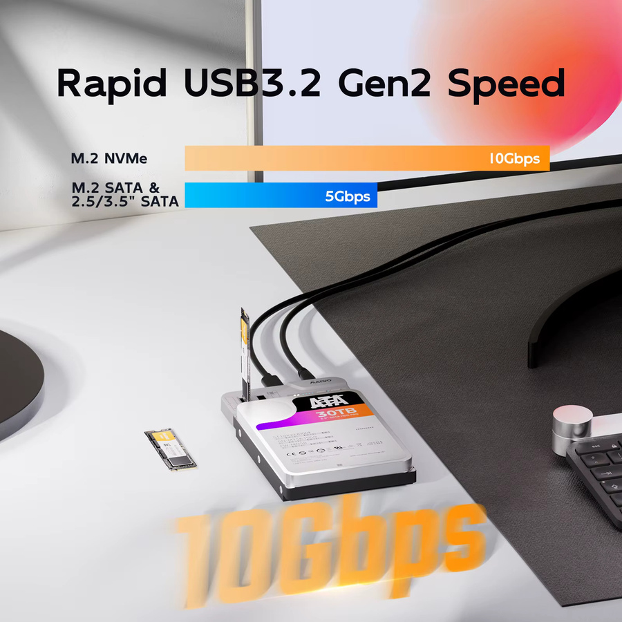 MAIWO 3-Schacht-Dockingstation für M.2 NVMe SATA SSD und 2,5 sowie 3,5 Zoll SATA HDD mit Offline-Klonfunktion, unterstützt bis zu 30 TB und 8 TB - Bild 2