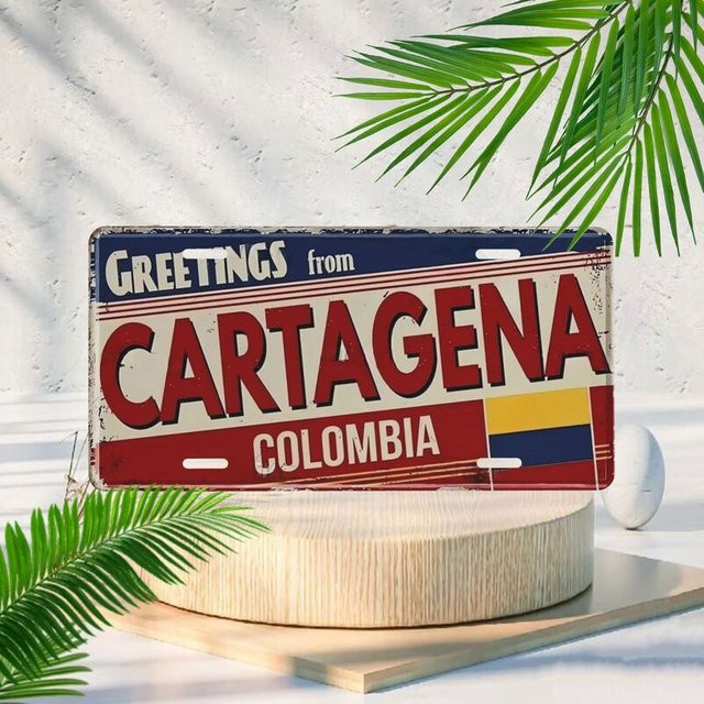 Dekorative Vintage Nummernschilder GREETINGS von CARTAGENA COLOMBIA, Autokennzeichen für Zuhause und Garage, Multicolor, B/H/T: 30,0 x 15,0 x 1,0 cm - Bild 1
