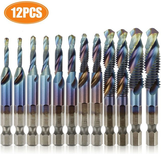VIBRATITE Gewindebohrer Set aus HSS mit Titanbeschichtung, 12 Stück, Sechskantschaft, M3-M10, Gold/Multicolor - Bild 1