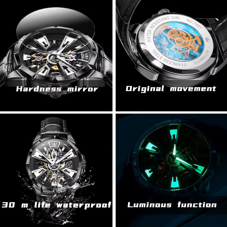 OLEVS Armbanduhr Automatik, Edelstahl, Leder, Schwarz, Herren - Bild 4