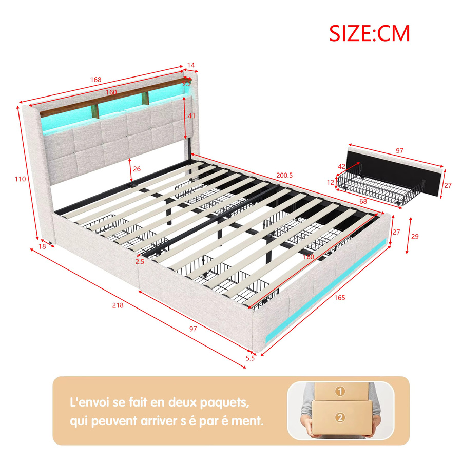 Modernes Polsterbett mit LED-Licht und USB-Ladeanschluss in Grau und Beige, Stauraumbett mit 4 Schubladen, B/T/H: 160 x 200 cm - Bild 4