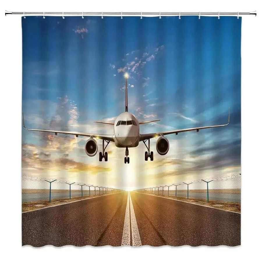 Duschvorhang mit Aviation-Illustration von geparkten Flugzeugen aus Polyester, Mehrfarbig, B: 60 cm, H: 190 cm - Bild 3