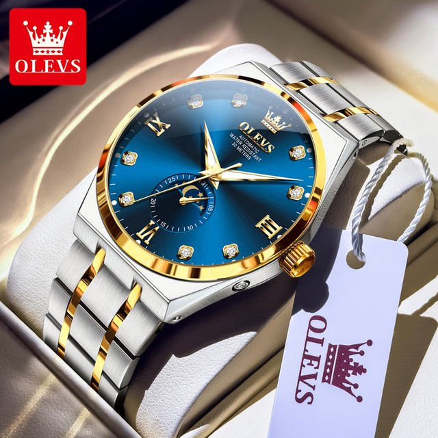 OLEVS Armbanduhr, Automatik, Mondphase, Edelstahl, Blau, Herren - Bild 1