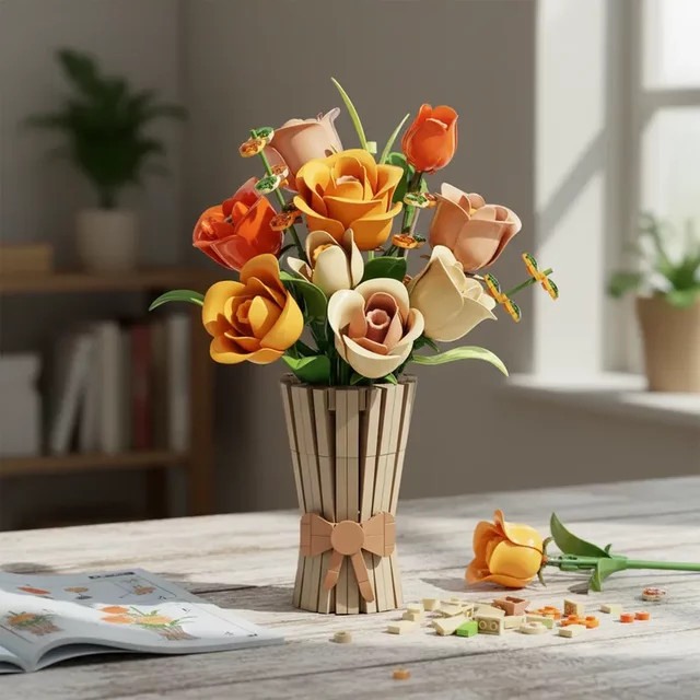 HUATEC Tulpe Rose DIY Blumenstrauß Bausteine, 868 Teile - Bild 1