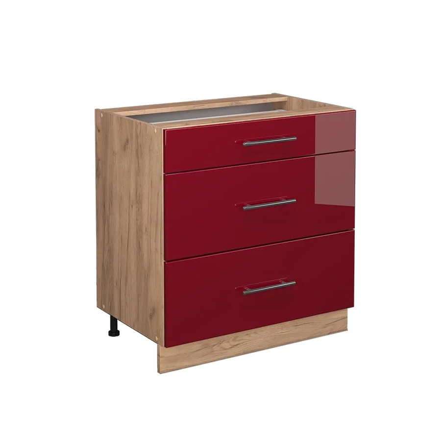 Vicco Küchenunterschrank Fame-Line Bordeaux Hochglanz in Rot und Goldkraft Eiche mit 3 Schubladen, Breite: 80 cm - Bild 2
