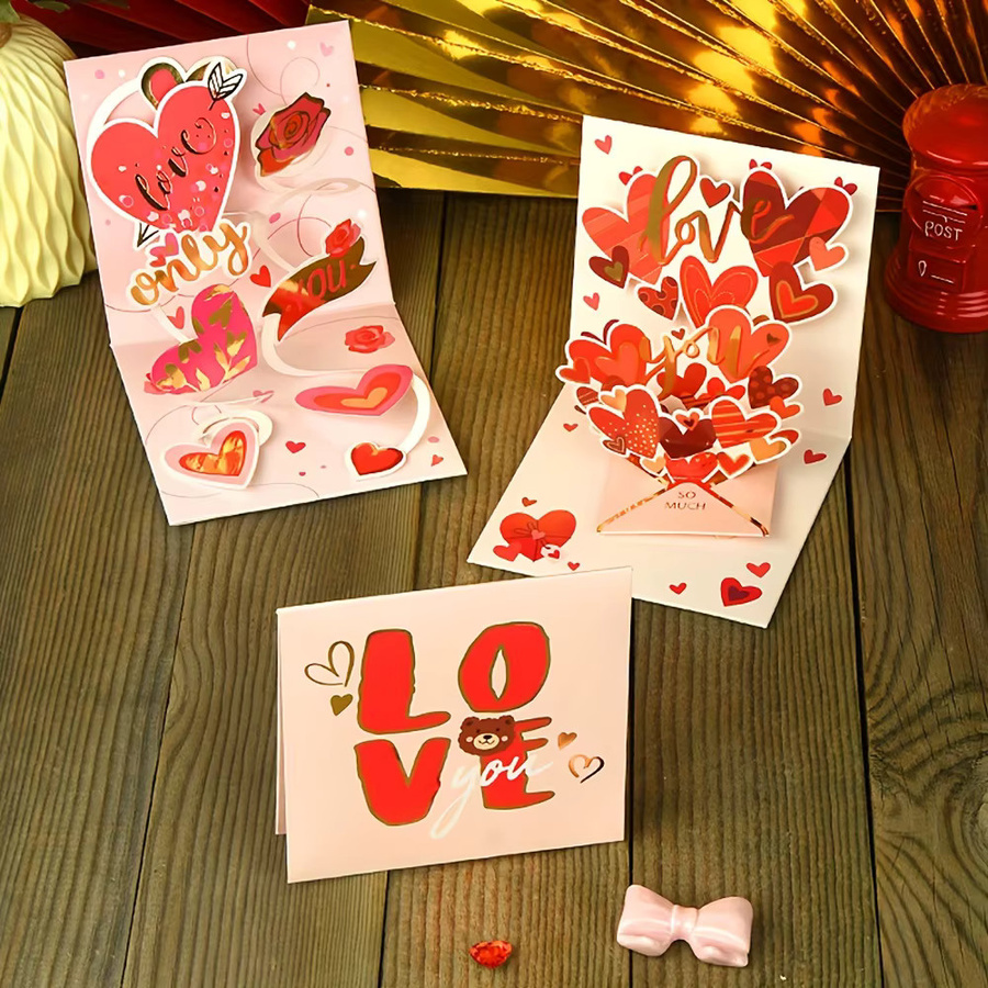 3D-Popup-Karte mit herzförmigem Bärenmotiv in Rosa und Rot mit Goldfolienprägung - Bild 3