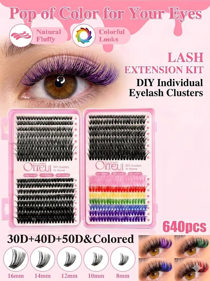 Orreu Wimpern-Cluster-Set, 640-teilig, D-Curl, 8-16mm, Natürlich & Farbig - Bild 4