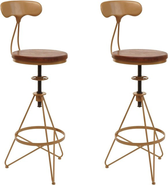 2er-Set Barhocker MCW-N18 Industrial Design, höhenverstellbar und drehbar, Holz und Metall in Braun mit goldenem Gestell - Bild 1