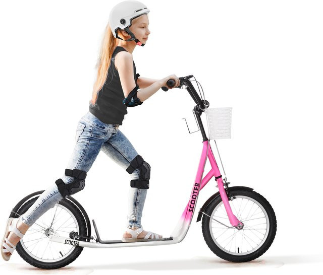 HOMCOM Kinderroller Scooter, Tretroller mit Bremse und Korb, höhenverstellbar, Rosa/Weiß, ab 5 Jahre - Bild 1