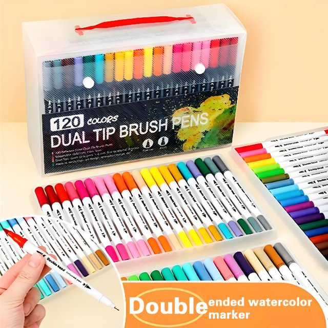 Marker Set mit 12 bis 120 Farben für Aquarell und Kalligraphie, Dual-Tip Fineliner mit Pinsel und Filzspitze in Multicolour - Bild 1