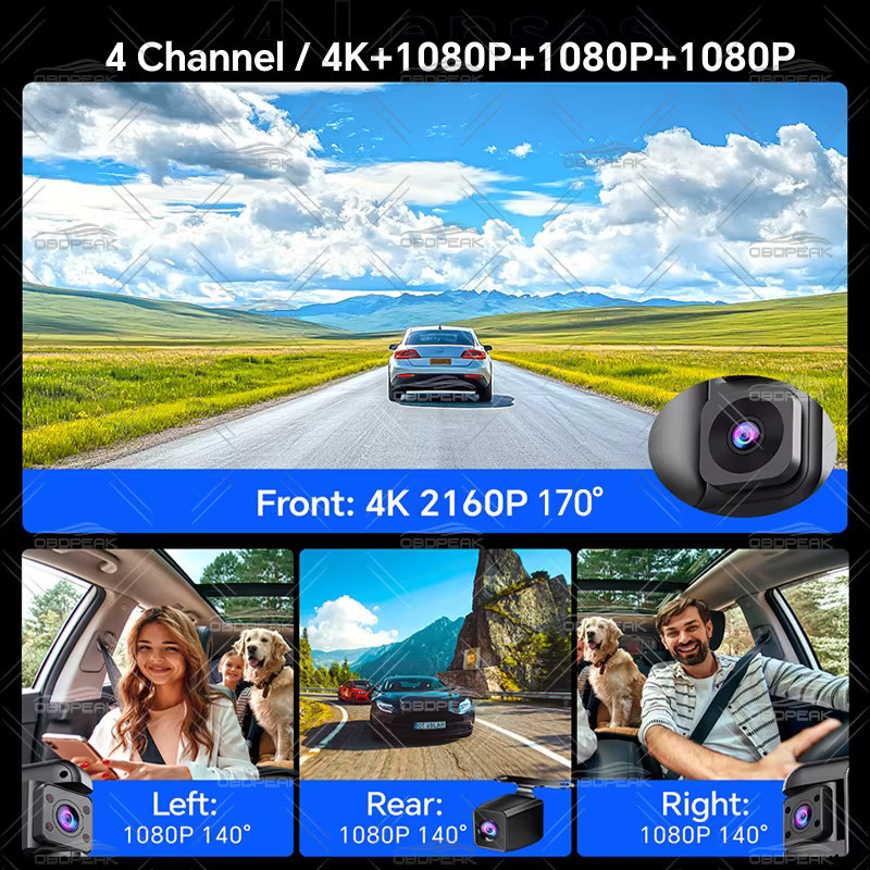 OBDPEAK 4CH 11 Zoll Rückspiegel Dash Cam mit 4K Auflösung, ADAS, BSD und WiFi in Schwarz - Bild 2
