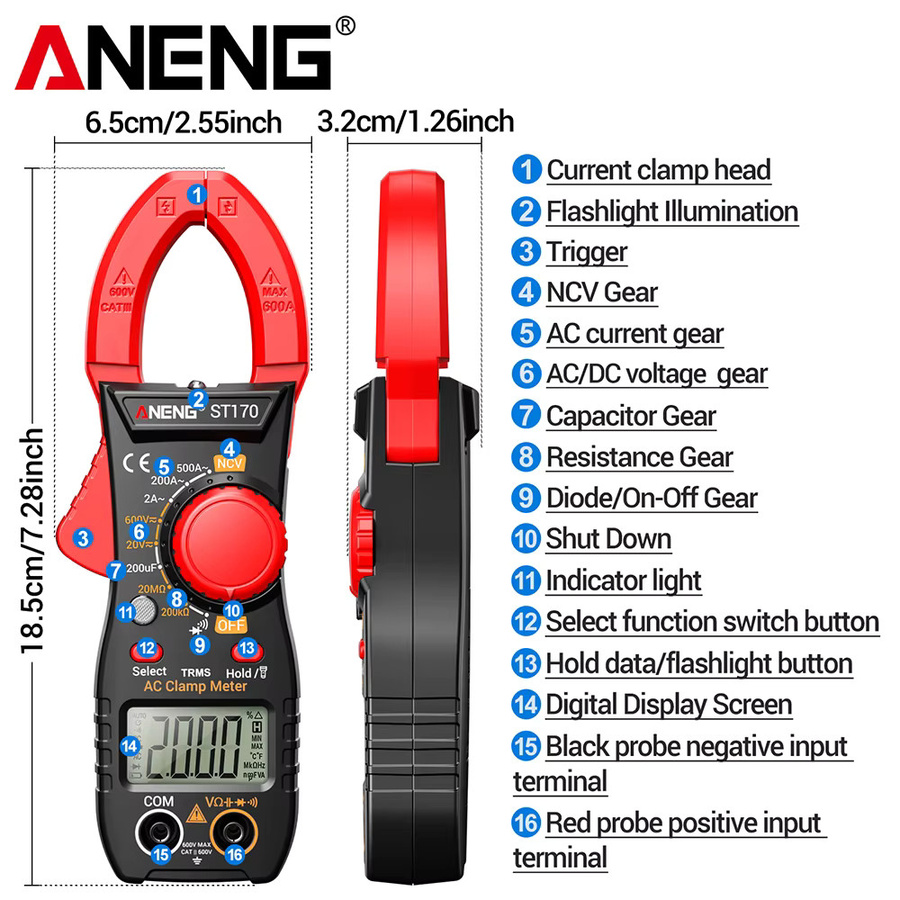 ANENG ST170 Digitales Zangenmessgerät Multimeter mit 500A AC-Strom, AC/DC-Spannung, NCV, Kapazität, Ohm und Dioden-Messfunktion in Gelb und Rot - Bild 5