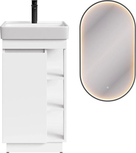 Planetmöbel Badmöbel Set NYX Matt Weiß mit Waschbecken, LED Spiegel und Armatur Matt Schwarz, Breite: 50 cm - Bild 1