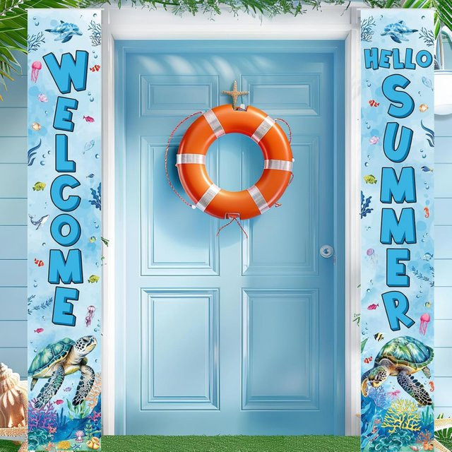 VIKAMA Willkommens-Sommer-Türbanner mit Schildkröte und tropischem Design, mehrfarbig, B: 30,0 cm, H: 180,0 cm - Bild 1