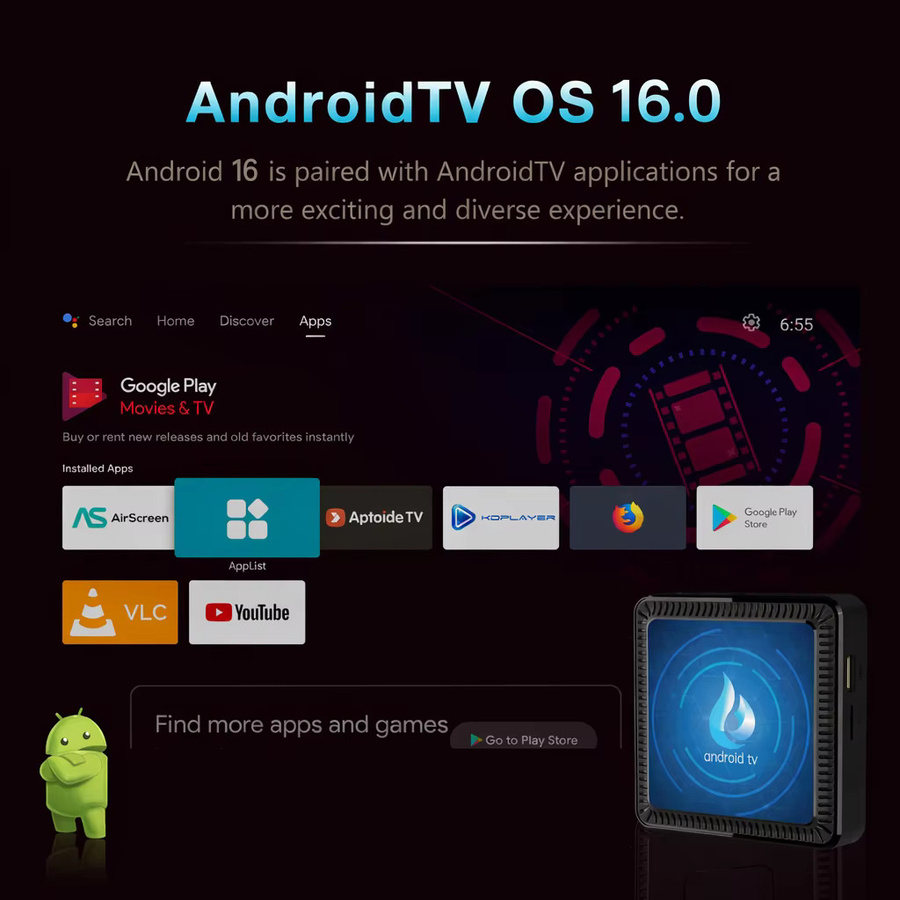 Android 16 Smart TV Box Media Streamer mit Allwinner H313, 4GB RAM, 64GB/128GB Speicher, 4K UHD, Dual WLAN, Bluetooth und Sprachsteuerung in Schwarz - Bild 3