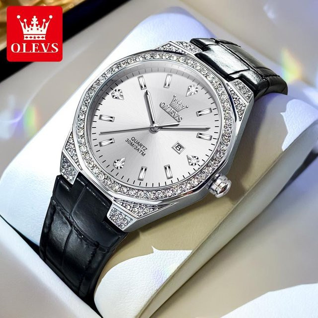 OLEVS Armbanduhr, Quarz, Edelstahl, Leder, Schwarz, Diamantbesetzt, Damen - Bild 1
