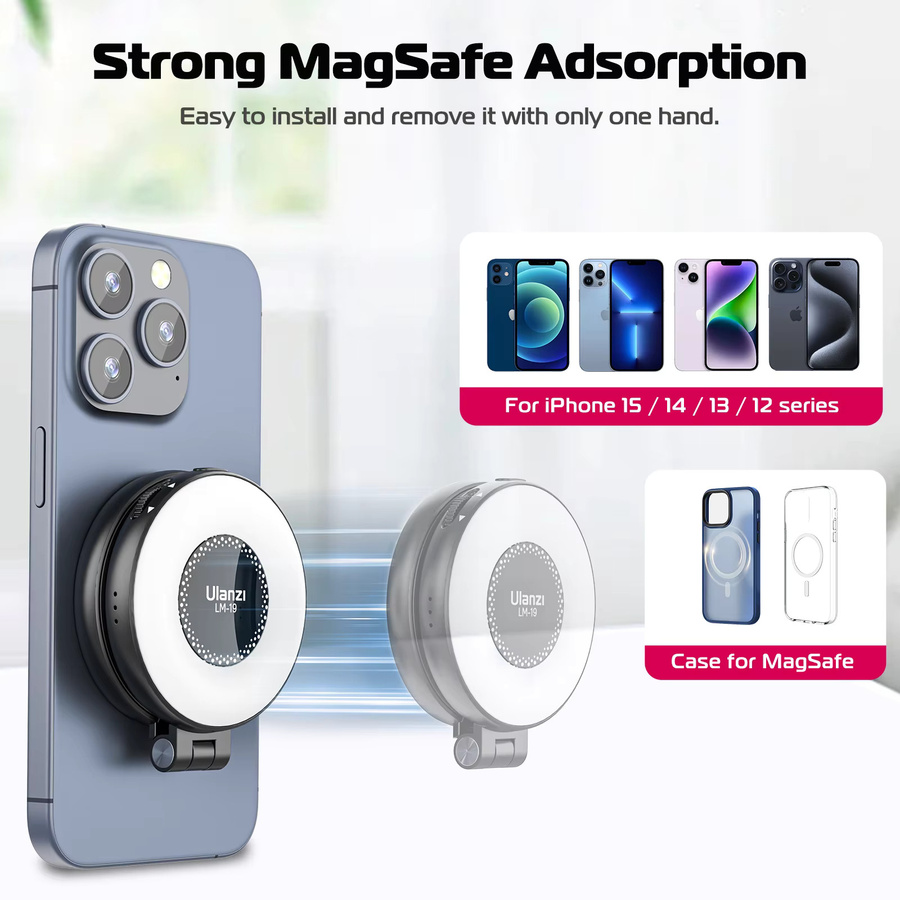 Ulanzi LM19 Handy-Selfie-Licht in Schwarz, magnetische Mini-Ringlampe mit zweifarbigem LED-Taschenlicht für iPhone 16, 15 und Apple 14, 13 Pro - Bild 2