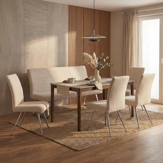 MCW Esszimmer-Set G55, 5-teiliges Set aus 4 Stühlen und einer Sitzbank mit Breite: 160 cm, Chenille Stoff in Creme/Beige und gebürstetem Edelstahl - Bild 1