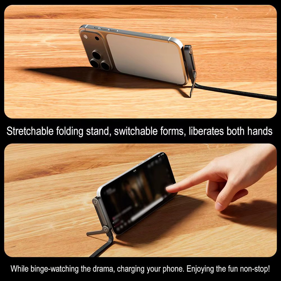 2-in-1 Schnellladekabel mit faltbarem Telefon- und Tablet-Ständer, 240W, Schwarz, USB-C auf USB-C und USB-A auf USB-C - Bild 3