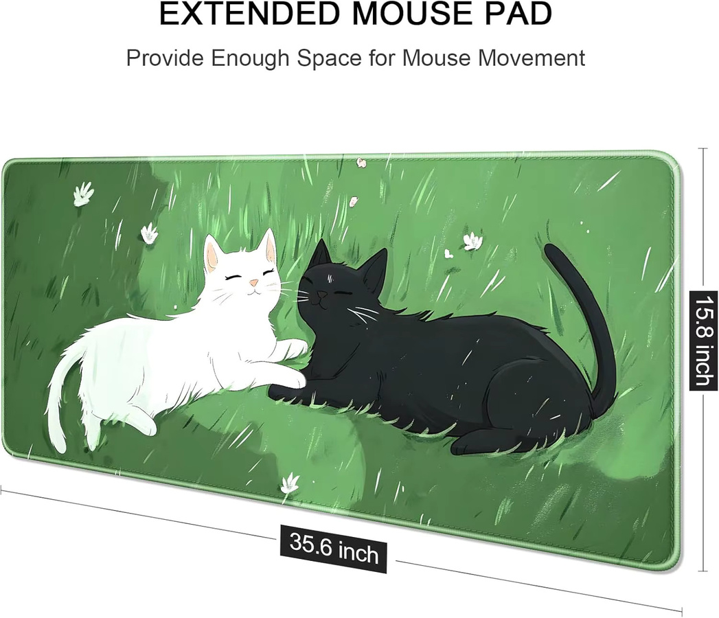 Cute Cat XXL Gaming-Mauspad in Grün, rutschfest und mit genähten Kanten für Desktop-, Laptop- und kabellose Mäuse - Bild 4
