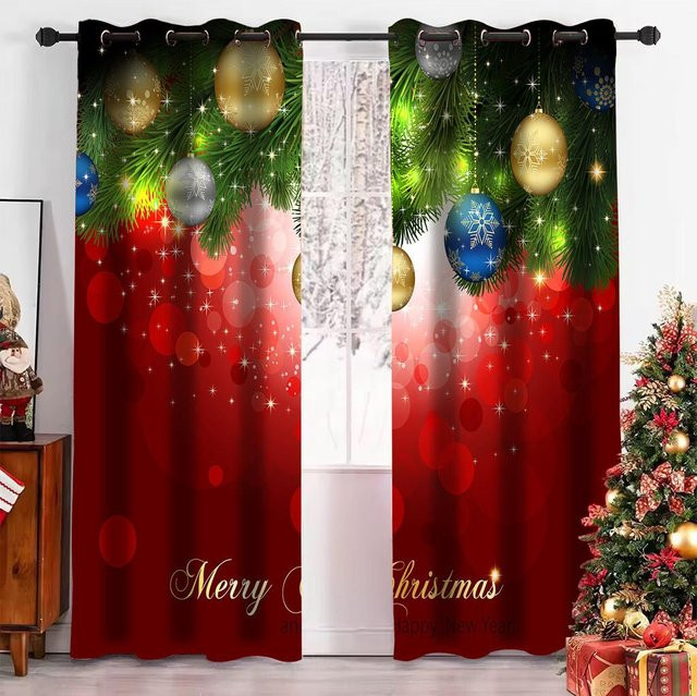 Yiran Furniture Weihnachtsvorhänge mit Weihnachtsglocken in Rot, 2 Paneele, halbtransparent, B: 60 cm, H: 100 cm - Bild 1