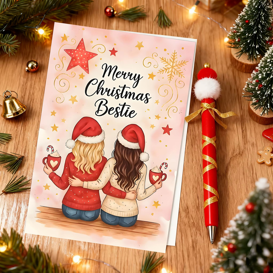 Weihnachtskarte für BFFs und Schwestern mit Zuckerstangen-Design und Sternenhimmel in Roségold und Braun inklusive Umschlag - Bild 4